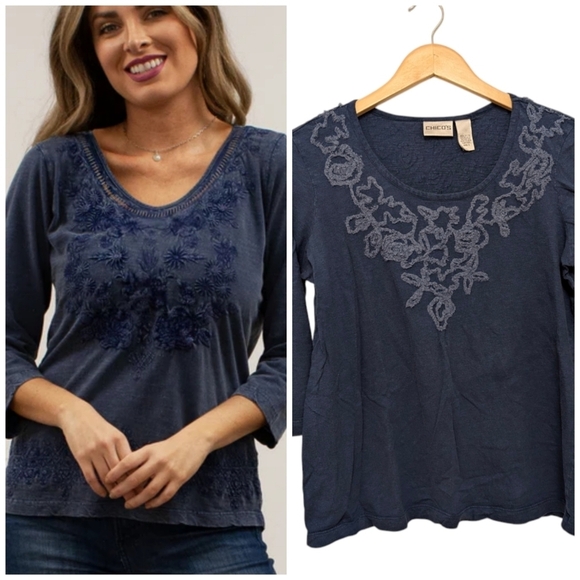 CHICOS Embellished Denim Blue Top Cotton Scooped Neck Elbow Sleeve Navy Tee Sz2 - Picture 1 of 7